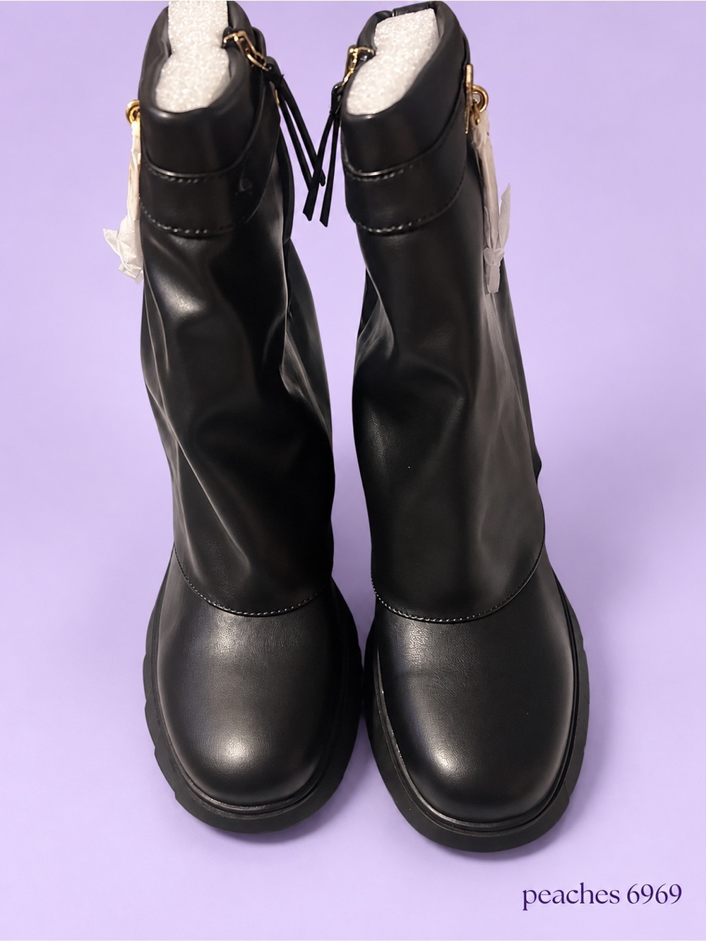 Comfortable Black wedge Boots with Gold Padlock Detail
